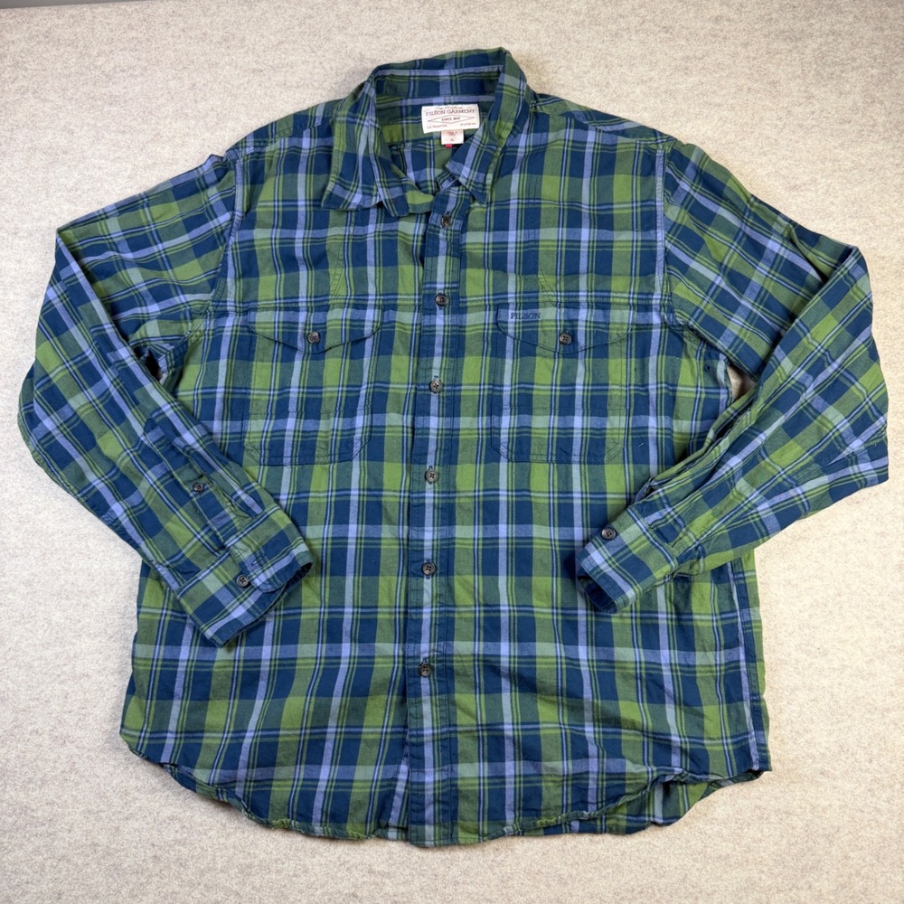 Filson Garment Mens XL Plaid Button Up Shirt Green Blue Long Sleeve Flannel Top